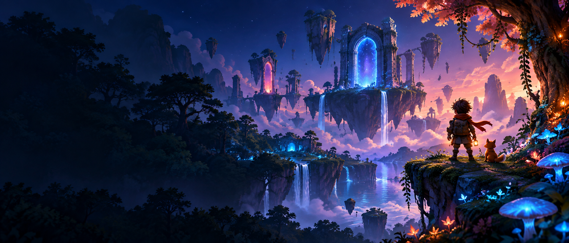 Adventurer overlooking floating islands and glowing portals