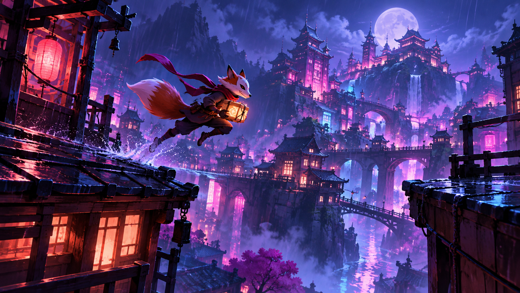 Fox courier leaping across neon rooftops