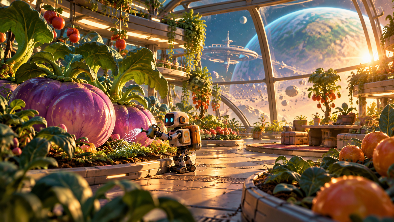 Friendly robot tending giant vegetables in a space greenhouse